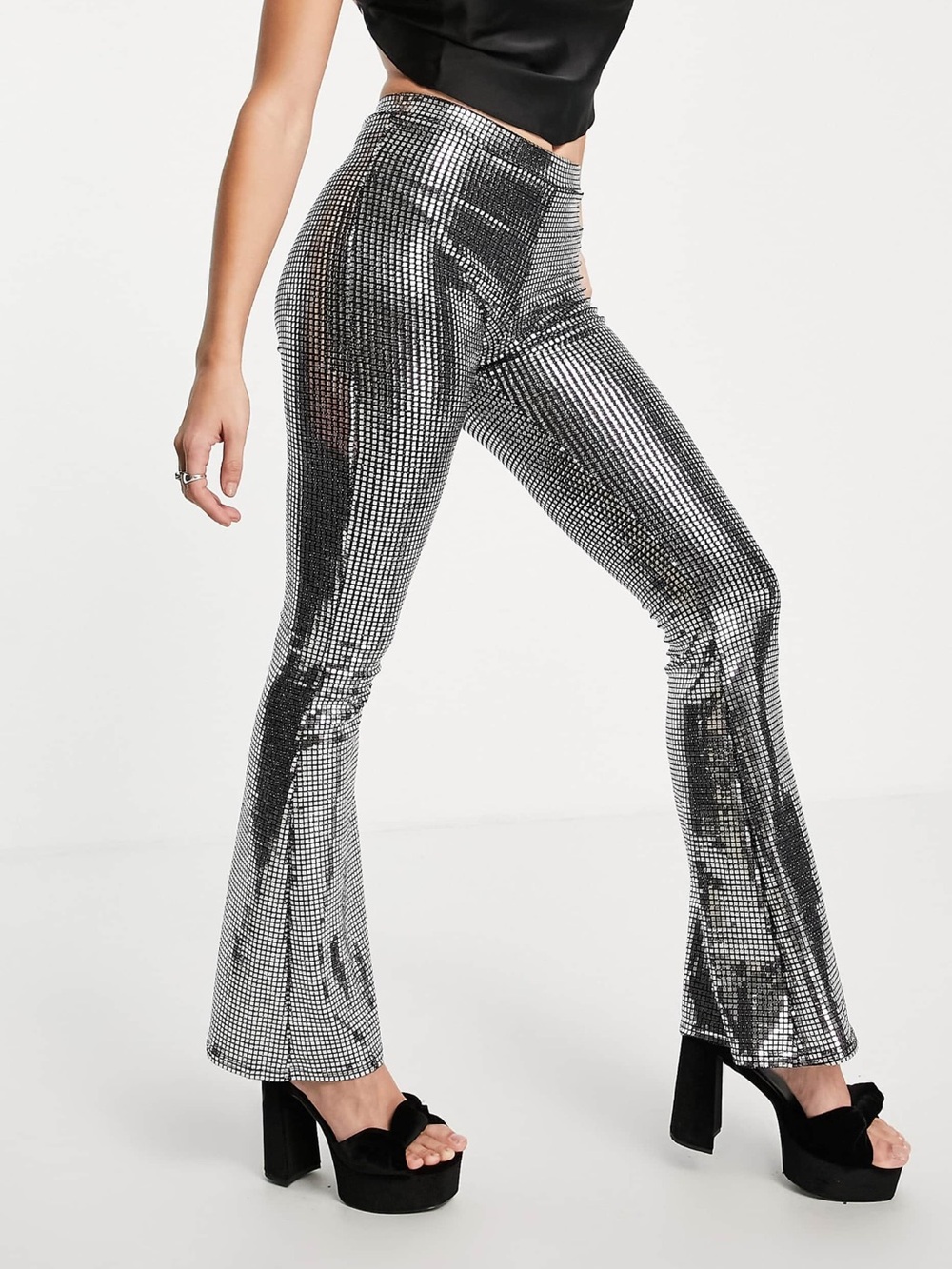 Silver Sequin Flared Pants - Metallic Party Trousers